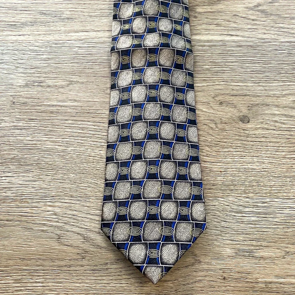 Siena Collezione Men's silk handmade tie, blue gray gold geometric,  52 inch